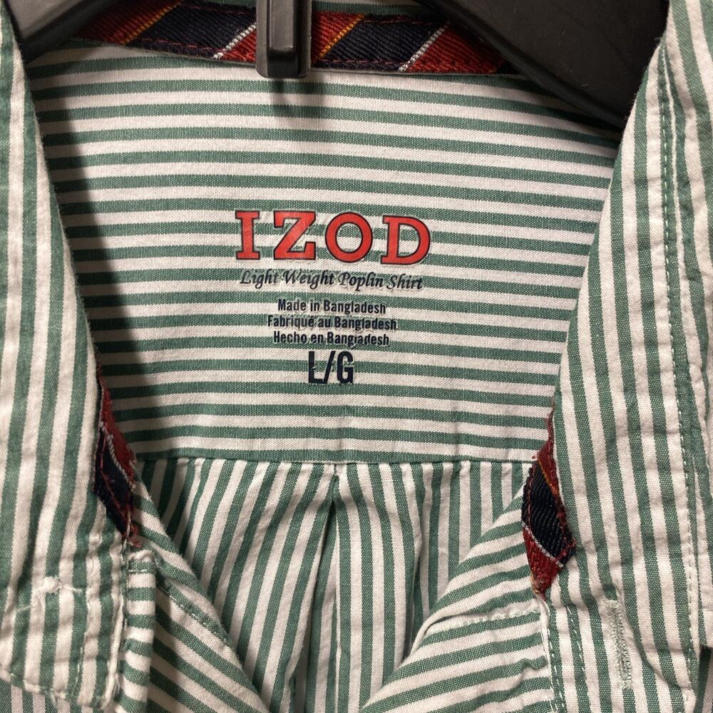 Izod Shirt Mens Large Green White Stripes Long Sleeve Button Down